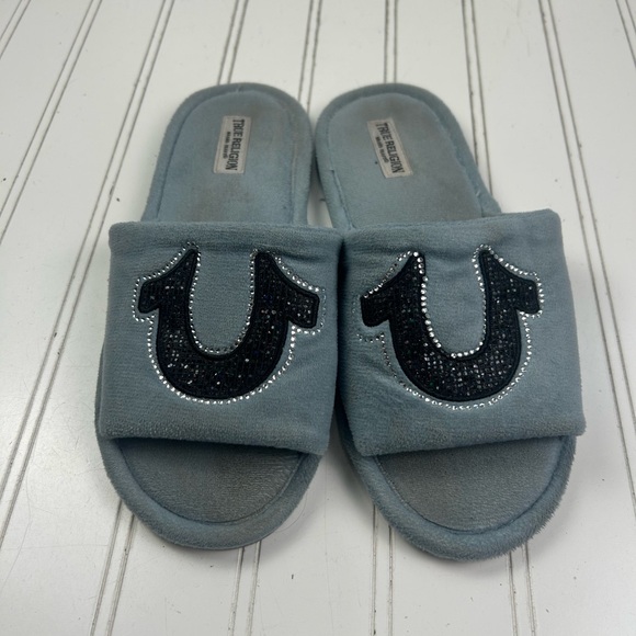 True Religion Blue Plush Slide Slippers Rhinestone Logo Women’s Size 6.5–7.5 - Picture 10 of 10